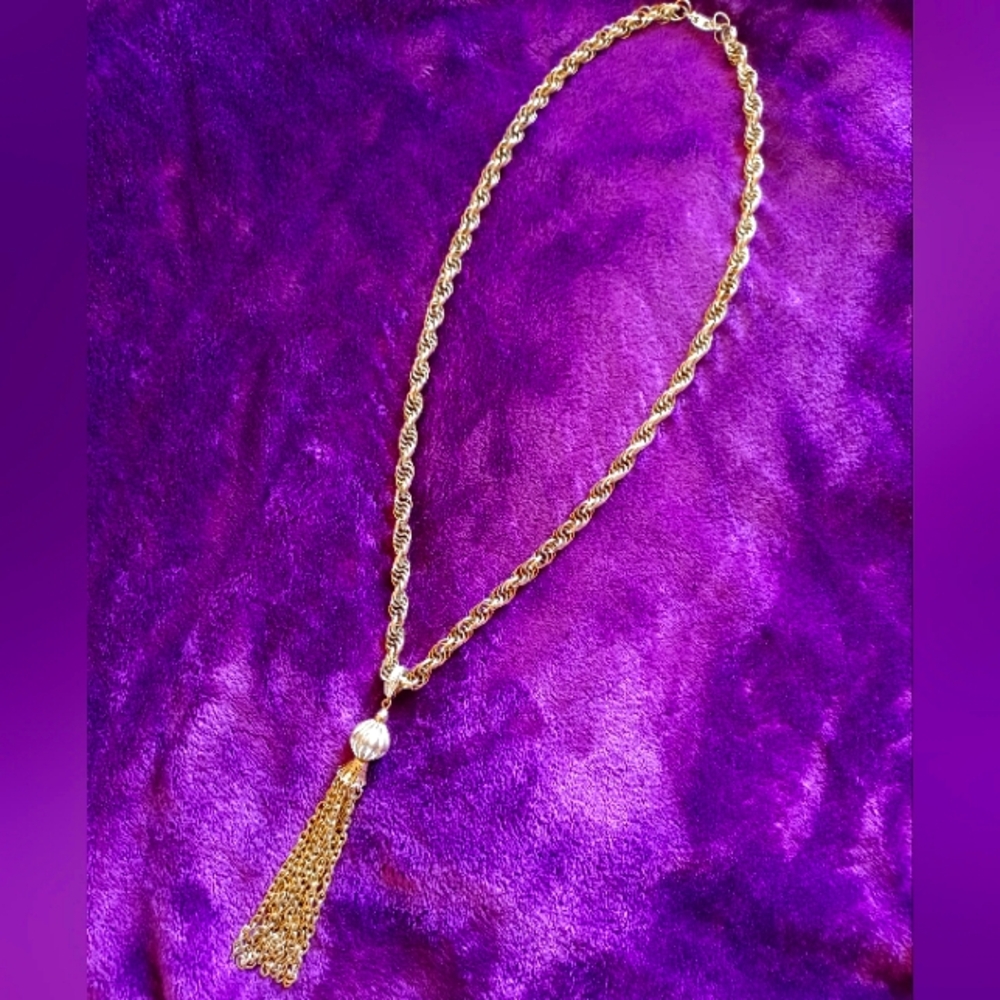 Vintage Boho Gold Chain Tassel Necklace Unmarked 70's Jewelry